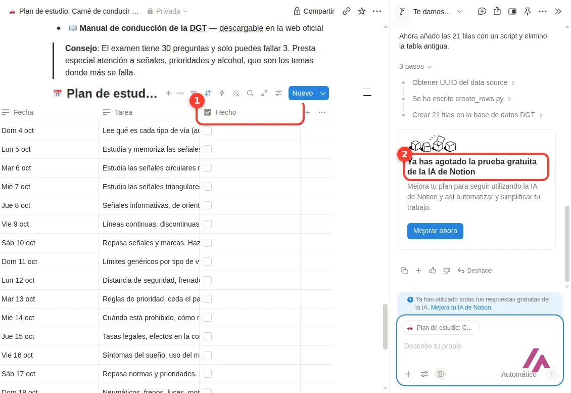 Base de datos de Notion con la columna Hecho de casillas recuadrada y, en el chat, el aviso Ya has agotado la prueba gratuita de la IA de Notion recuadrado