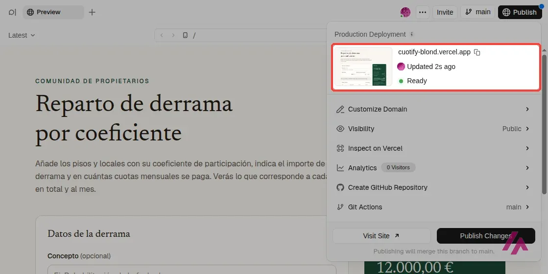 Ventana de v0 tras publicar, con el despliegue de producción en una dirección de vercel.app y el estado Ready recuadrados