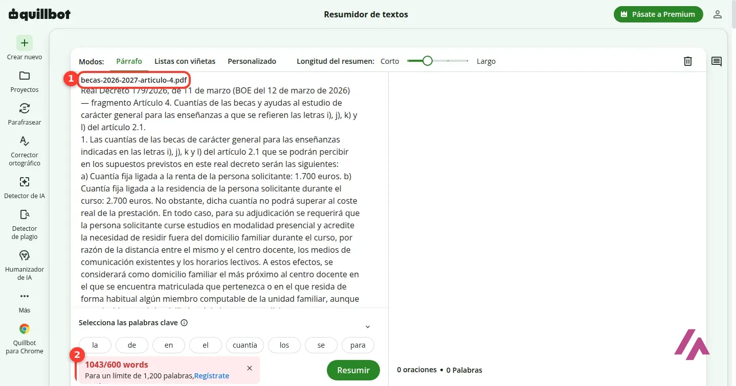 Resumidor de QuillBot con el PDF de las becas cargado sin cuenta, el nombre del archivo recuadrado con el número 1 y el aviso de 1043 de 600 palabras con el número 2