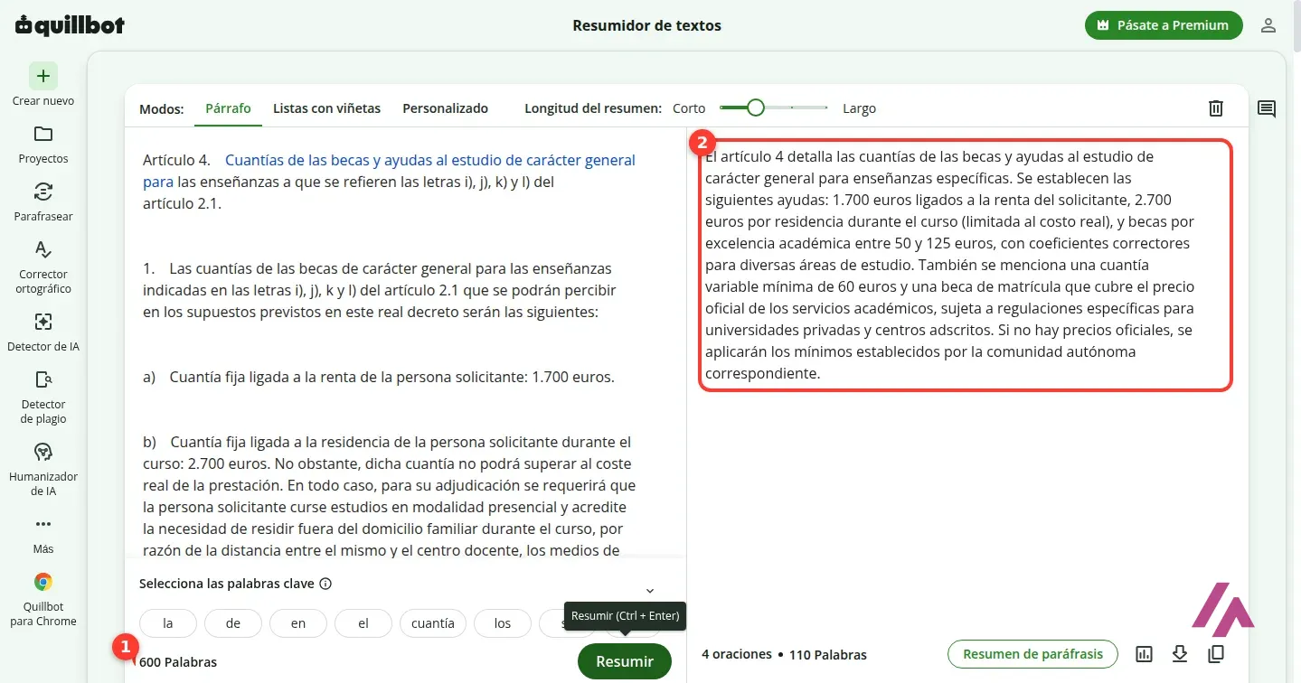 Resumidor de QuillBot con el contador de la caja de entrada en 600 palabras, marcado con el número 1, y el resumen de cuatro frases recuadrado con el número 2