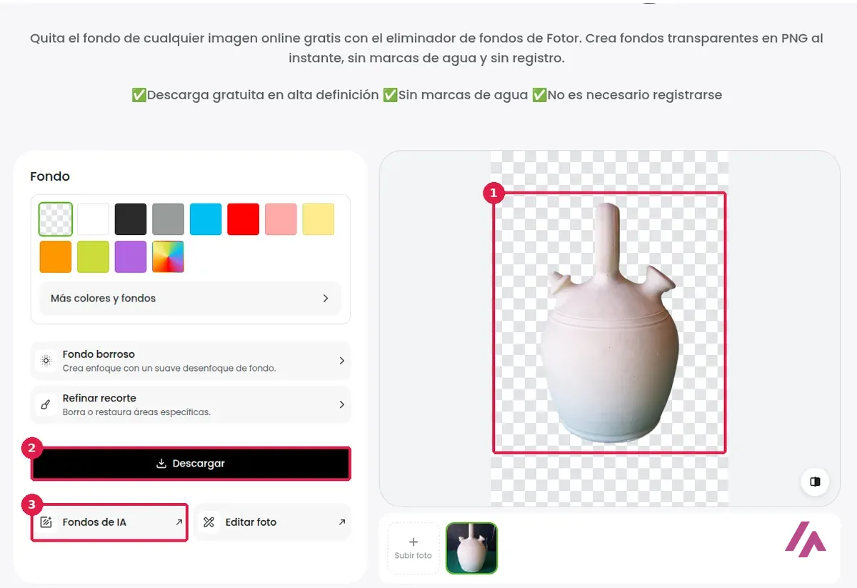 Quitafondos de Fotor con el botijo recortado sobre fondo transparente, el botón Descargar y el acceso Fondos de IA recuadrados