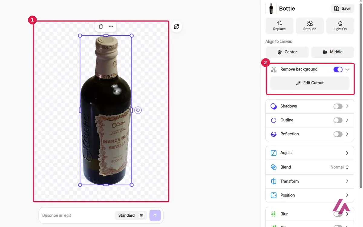 Editor de Photoroom con la botella de aceite ya recortada sobre fondo transparente y el interruptor Remove background con el botón Edit Cutout recuadrados