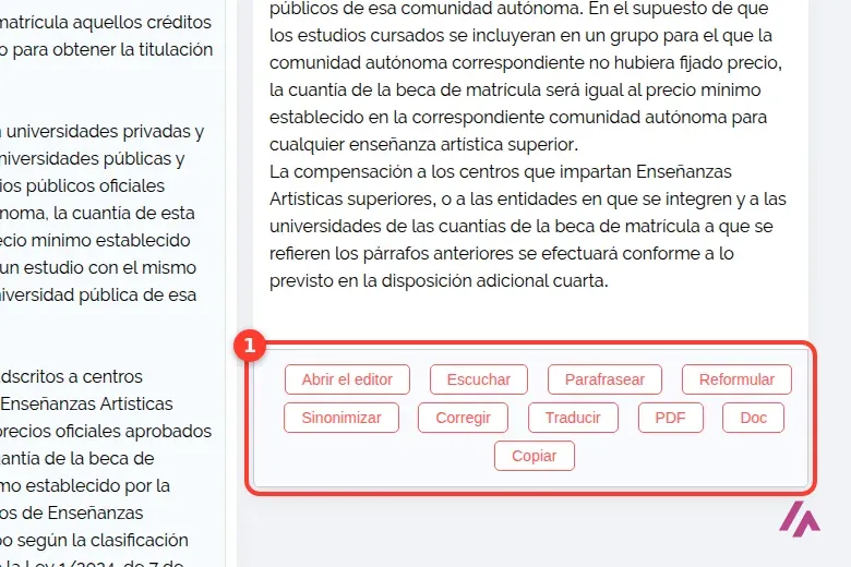 Fila de botones de Resoomer debajo del resumen, recuadrada: Abrir el editor, Escuchar, Parafrasear, Reformular, Sinonimizar, Corregir, Traducir, PDF, Doc y Copiar