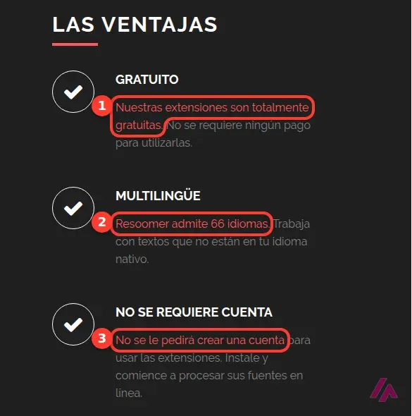 Página de extensiones de Resoomer con tres frases recuadradas: las extensiones son totalmente gratuitas, admite 66 idiomas y no pide crear una cuenta