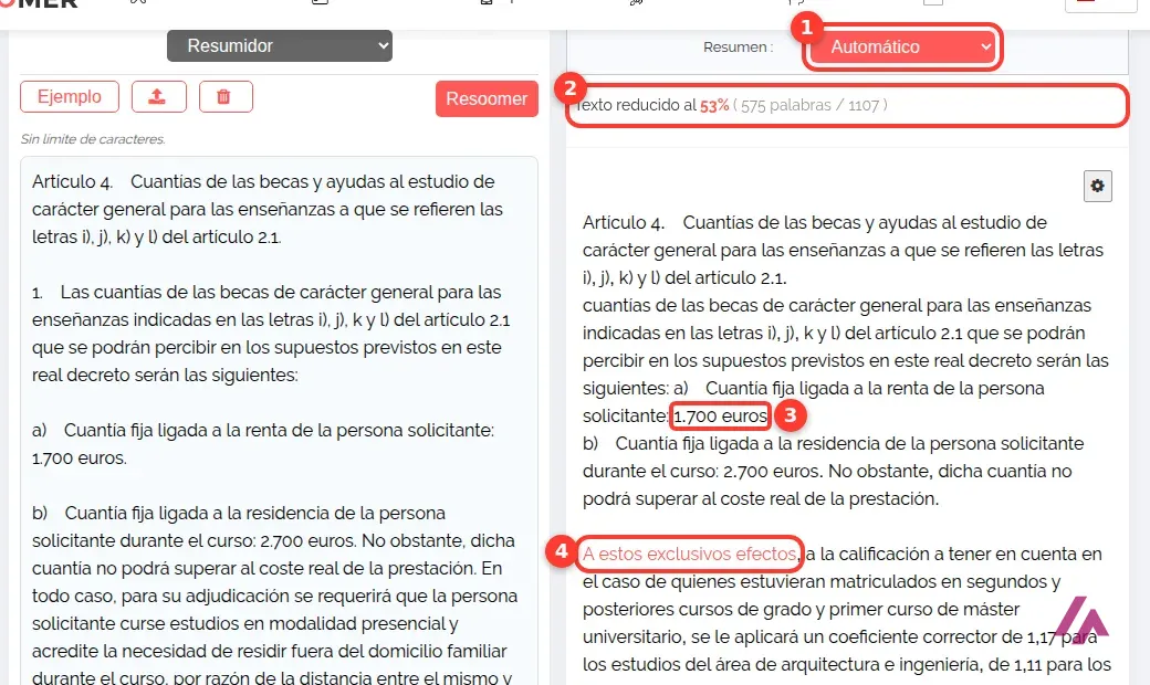 Resoomer en modo Automático con el aviso Texto reducido al 53 por ciento; recuadrados el selector de modo, el aviso, la cifra 1.700 euros entera y la frase de los coeficientes que aparece justo después de la residencia