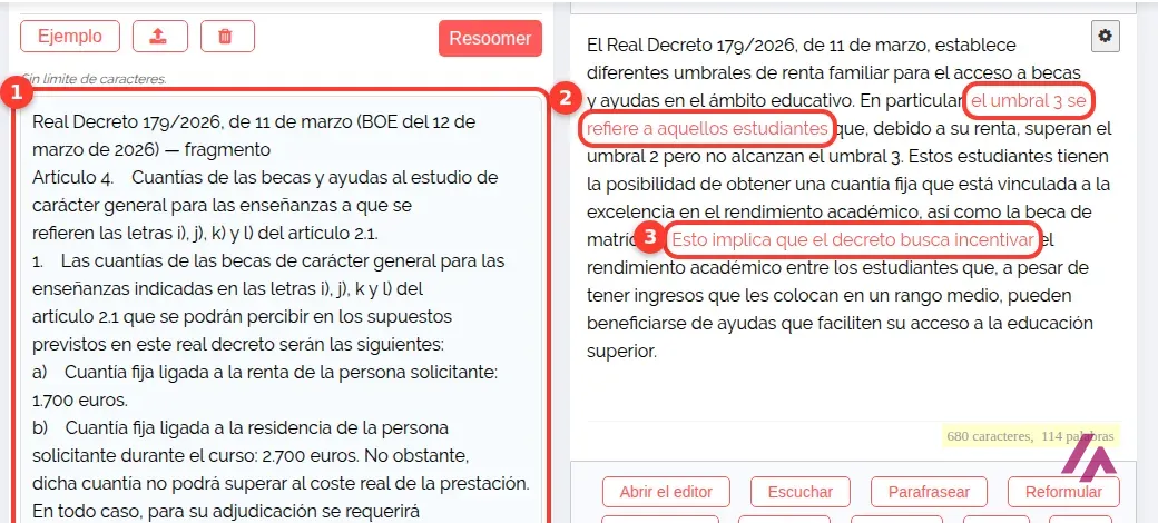 Resoomer con el texto del PDF importado entero en la caja de la izquierda, recuadrado con el número 1, y un resumen que solo habla del umbral 3, con el número 2, y una frase interpretativa recuadrada con el número 3