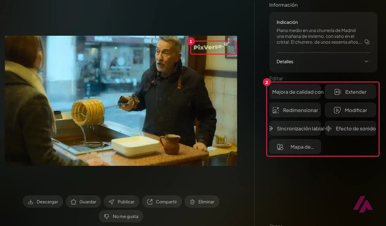 Vídeo generado en PixVerse de un churrero canoso sacando una rueda de churros del aceite delante de una clienta, con la marca de agua PixVerse.ai y los botones de edición recuadrados