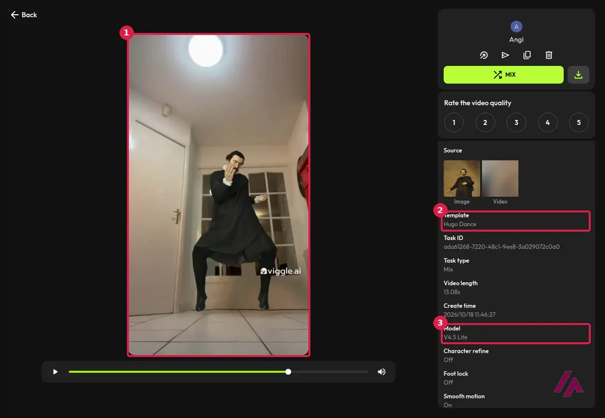 Visor del resultado de Viggle con Pablo de Valladolid bailando en un pasillo con la marca de agua viggle.ai y los datos de la plantilla Hugo Dance y el modelo V4.5 Lite recuadrados