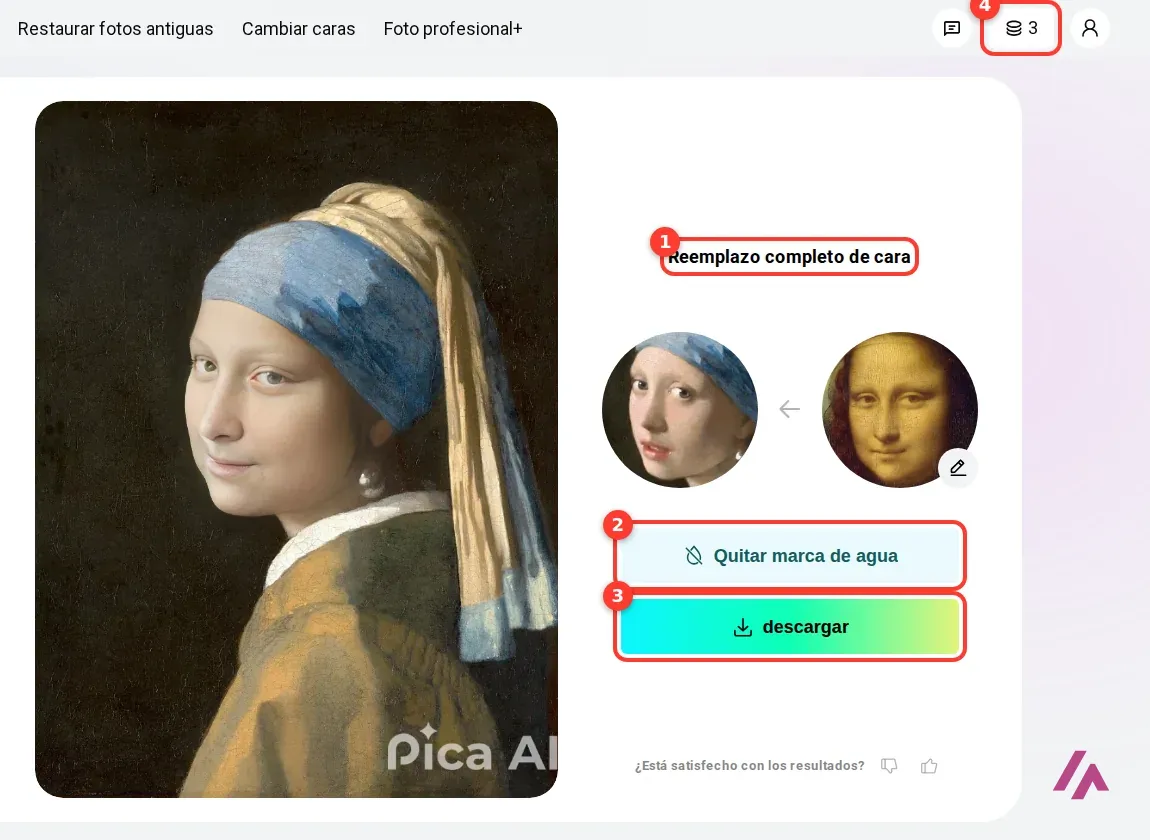 Resultado del cambio de cara en Pica AI: La joven de la perla con la cara de La Gioconda y la marca de agua Pica AI, con el título Reemplazo completo de cara, los botones Quitar marca de agua y descargar y el contador de 3 créditos recuadrados
