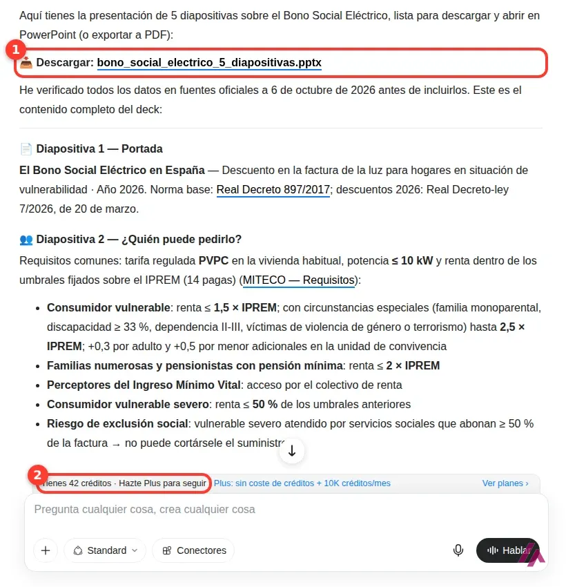Respuesta final de Genspark con el enlace para descargar el archivo de PowerPoint recuadrado con el número 1, el texto de las primeras diapositivas y la franja de créditos restantes recuadrada con el número 2