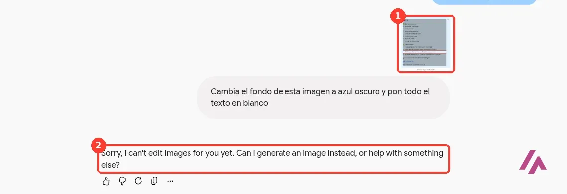 Conversación de Gemini con una imagen subida, la petición de cambiar el fondo a azul oscuro y la misma respuesta en inglés que rechaza editar