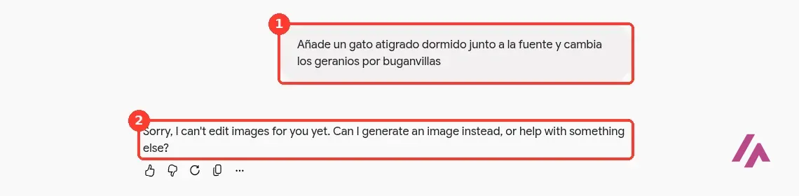 Conversación de Gemini con la petición en español de añadir un gato y cambiar las flores, y la respuesta en inglés Sorry, I can't edit images for you yet