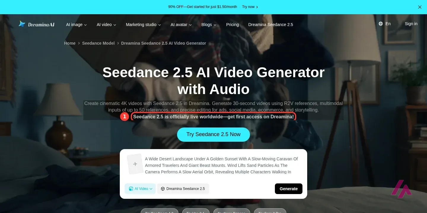 Página de Seedance 2.5 en Dreamina con el titular Seedance 2.5 AI Video Generator with Audio y la frase de que está disponible en todo el mundo recuadrada