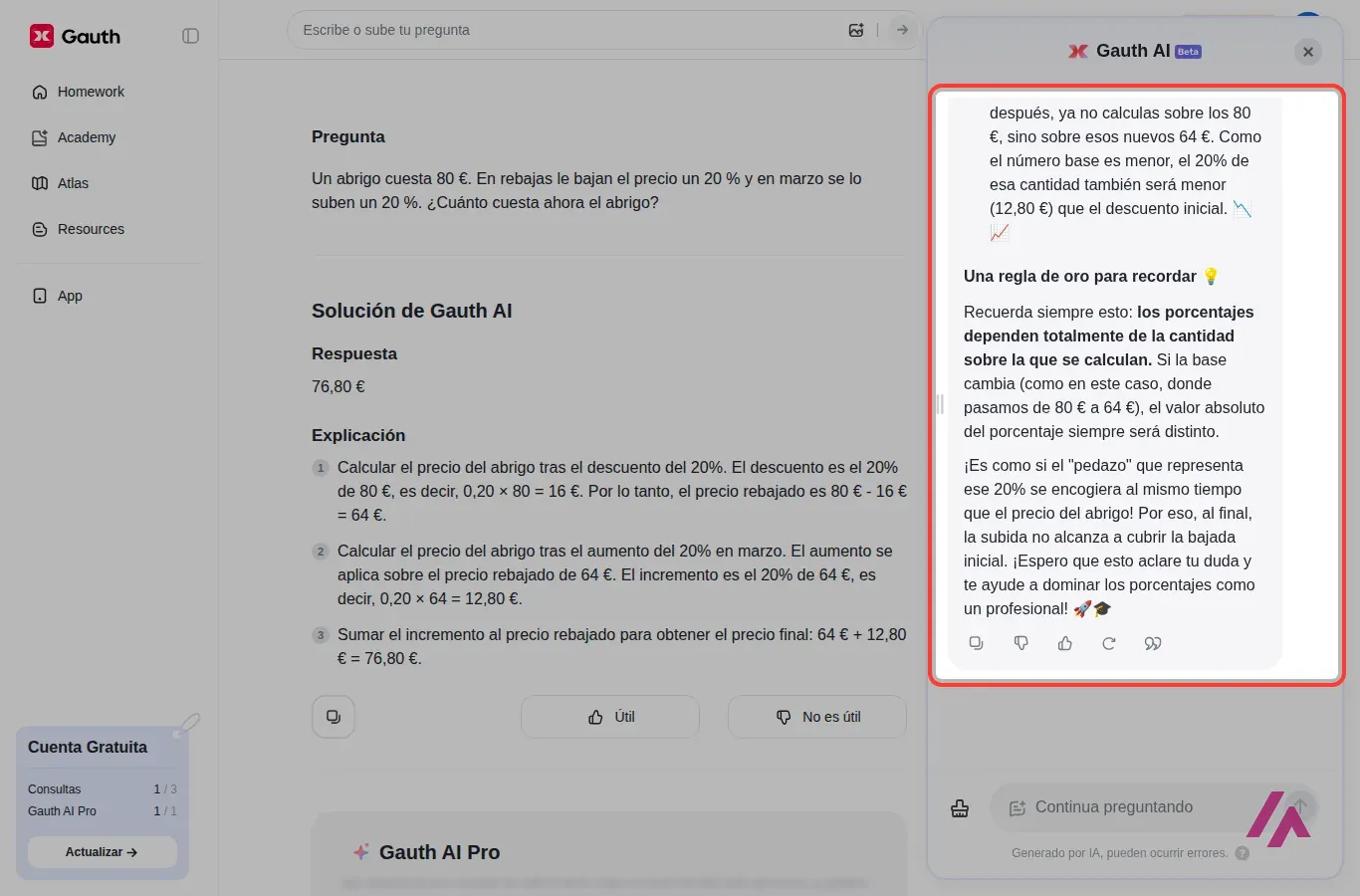 Panel de chat de Gauth AI a la derecha de la solución del abrigo, con la explicación de que el porcentaje se aplica sobre una base distinta