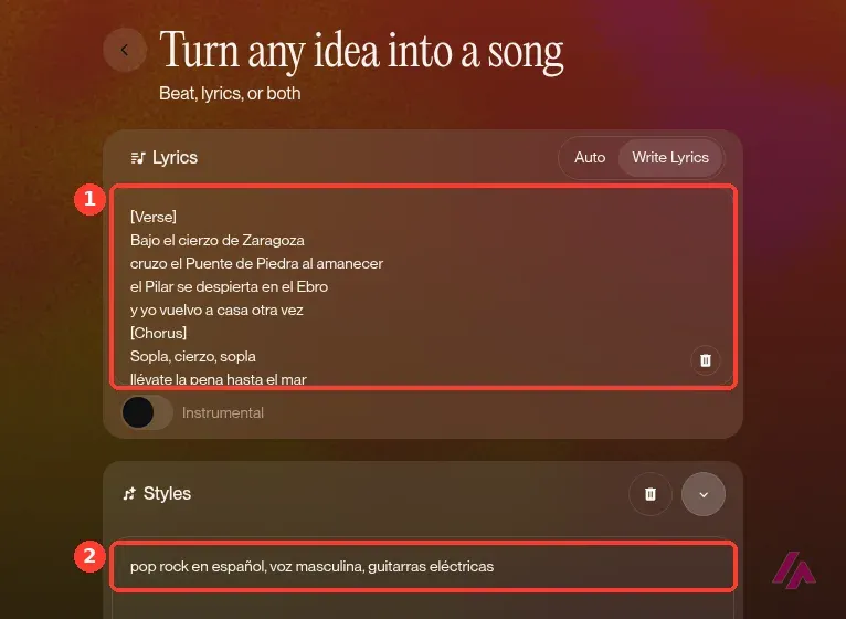 Pantalla Advanced de Suno con la letra en español sobre el cierzo y Zaragoza en la caja de letra y el estilo pop rock en español en la caja de estilos, recuadrados