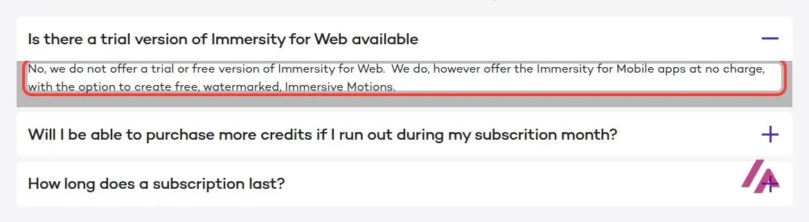 Pregunta frecuente de la página de precios de Immersity con la respuesta recuadrada: no hay prueba ni versión gratis de Immersity for Web, sí apps móviles gratis con marca de agua