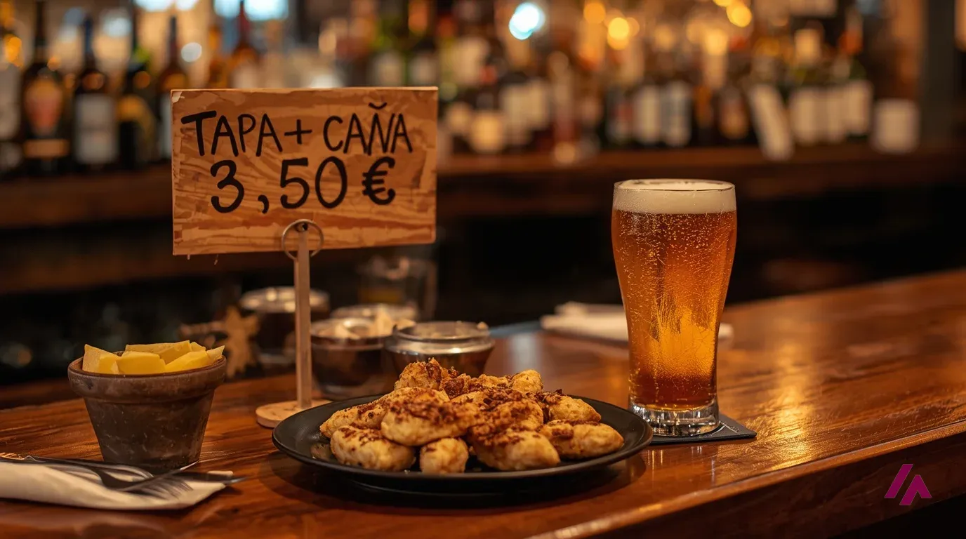 Imagen generada por Leonardo con Lucid Origin: barra de madera de un bar con un cartel que dice TAPA + CAÑA 3,50 euros, un plato de fritos, un cuenco de barro y una caña de cerveza