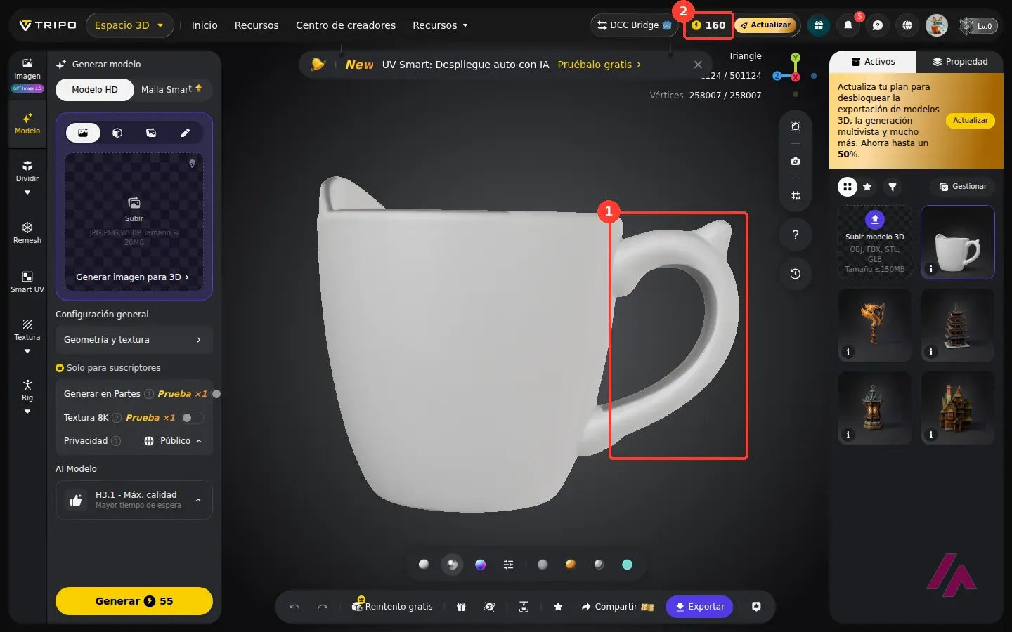 Taza blanca en 3D generada por Tripo con el asa recuadrada (1) y el contador de créditos en 160 recuadrado (2)