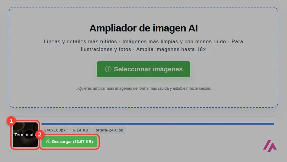 Lista de BigJpg con la tetera ampliada, el aviso Terminado sobre la miniatura y el botón Descargar recuadrados