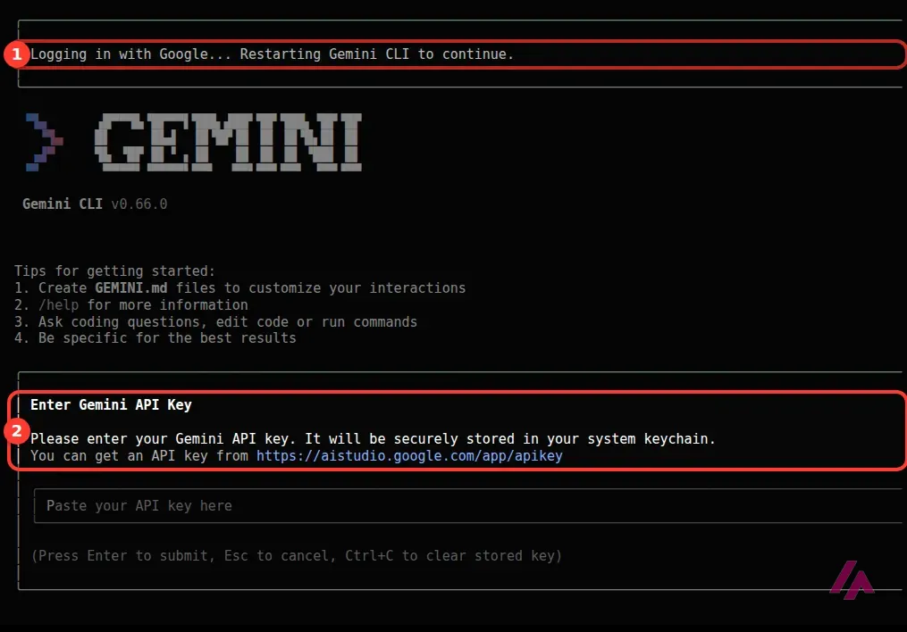 Gemini CLI en la terminal: arriba el mensaje Logging in with Google y abajo la ventana Enter Gemini API Key que pide pegar una clave de API