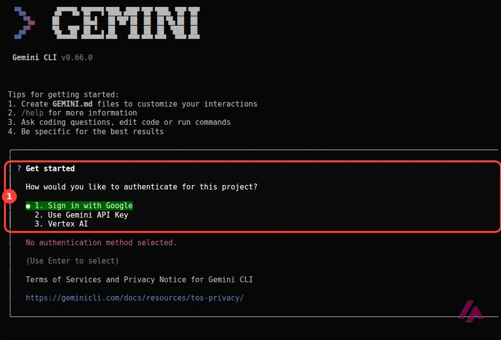 Pantalla de inicio de Gemini CLI en la terminal con las 3 formas de entrar recuadradas: Sign in with Google, Use Gemini API Key y Vertex AI