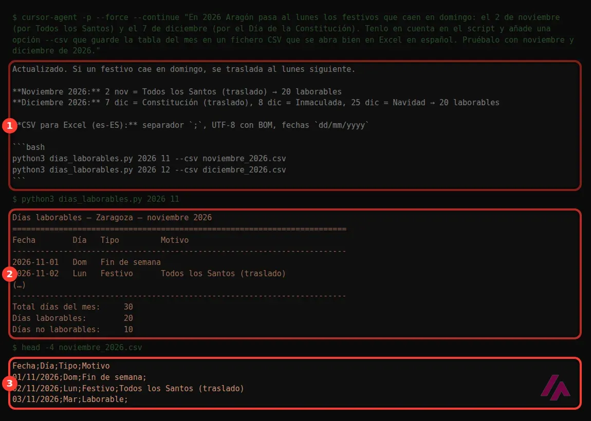 Salida del terminal con la respuesta de Cursor a la corrección, la tabla de noviembre de 2026 con el 2 de noviembre como festivo por traslado y las primeras líneas del CSV separado por punto y coma, recuadradas y numeradas
