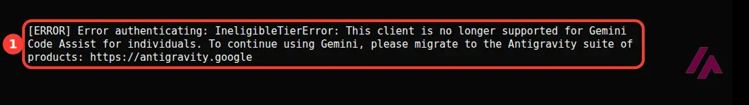 Línea del registro de depuración de Gemini CLI con el error IneligibleTierError que dice que el cliente ya no está admitido para Gemini Code Assist for individuals y que hay que migrar a Antigravity