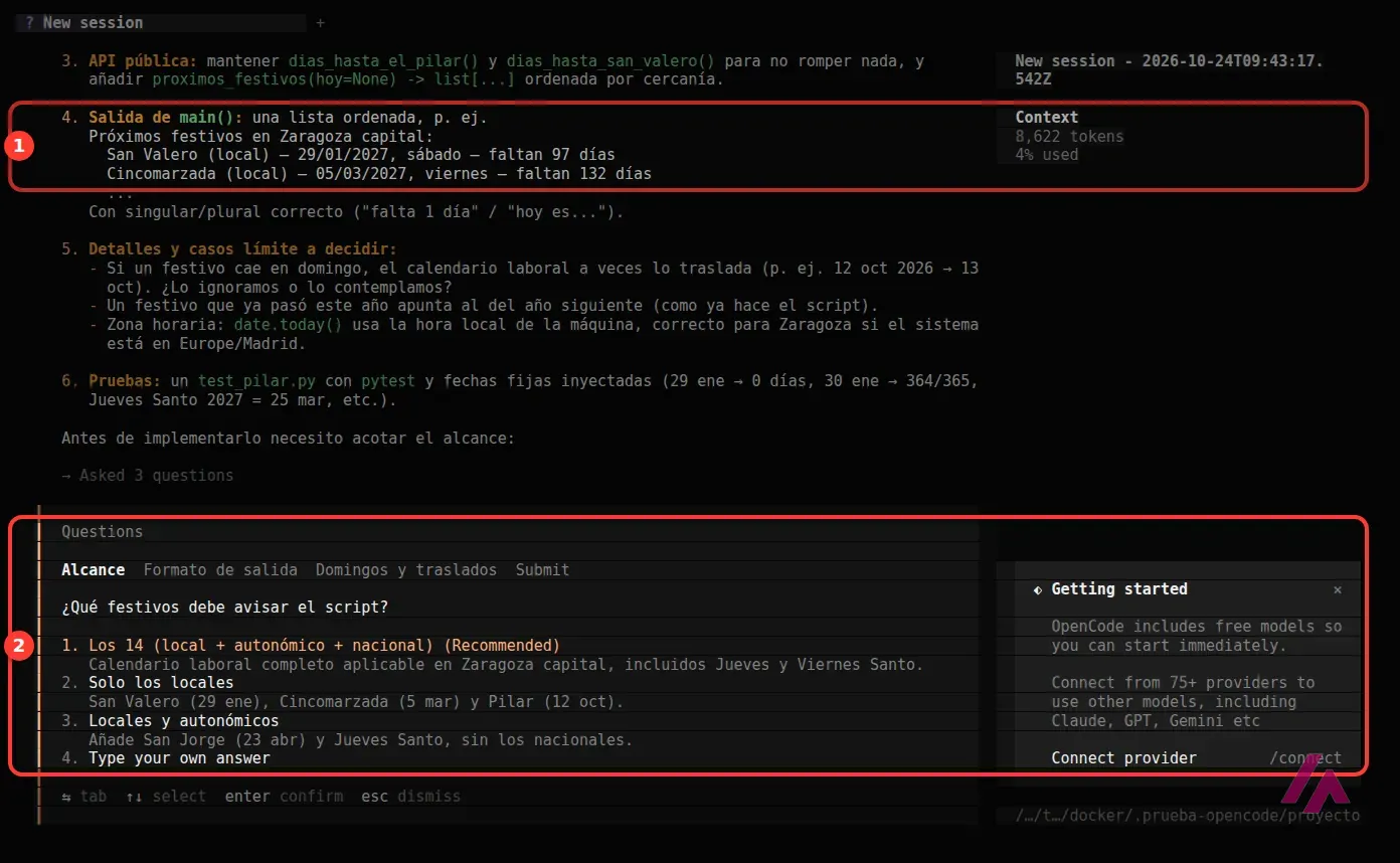Modo Plan de OpenCode con un ejemplo de salida que pone San Valero de 2027 en sábado y las preguntas con opciones sobre qué festivos incluir, recuadrados y numerados