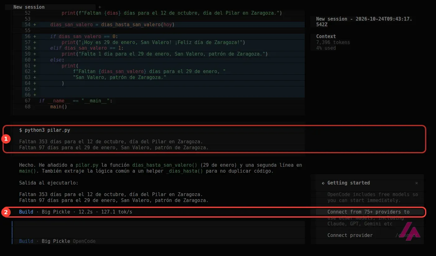 OpenCode en la terminal mostrando el cambio en el script, la ejecución con los días que faltan para el Pilar y para San Valero, y la línea Build Big Pickle, recuadrados y numerados