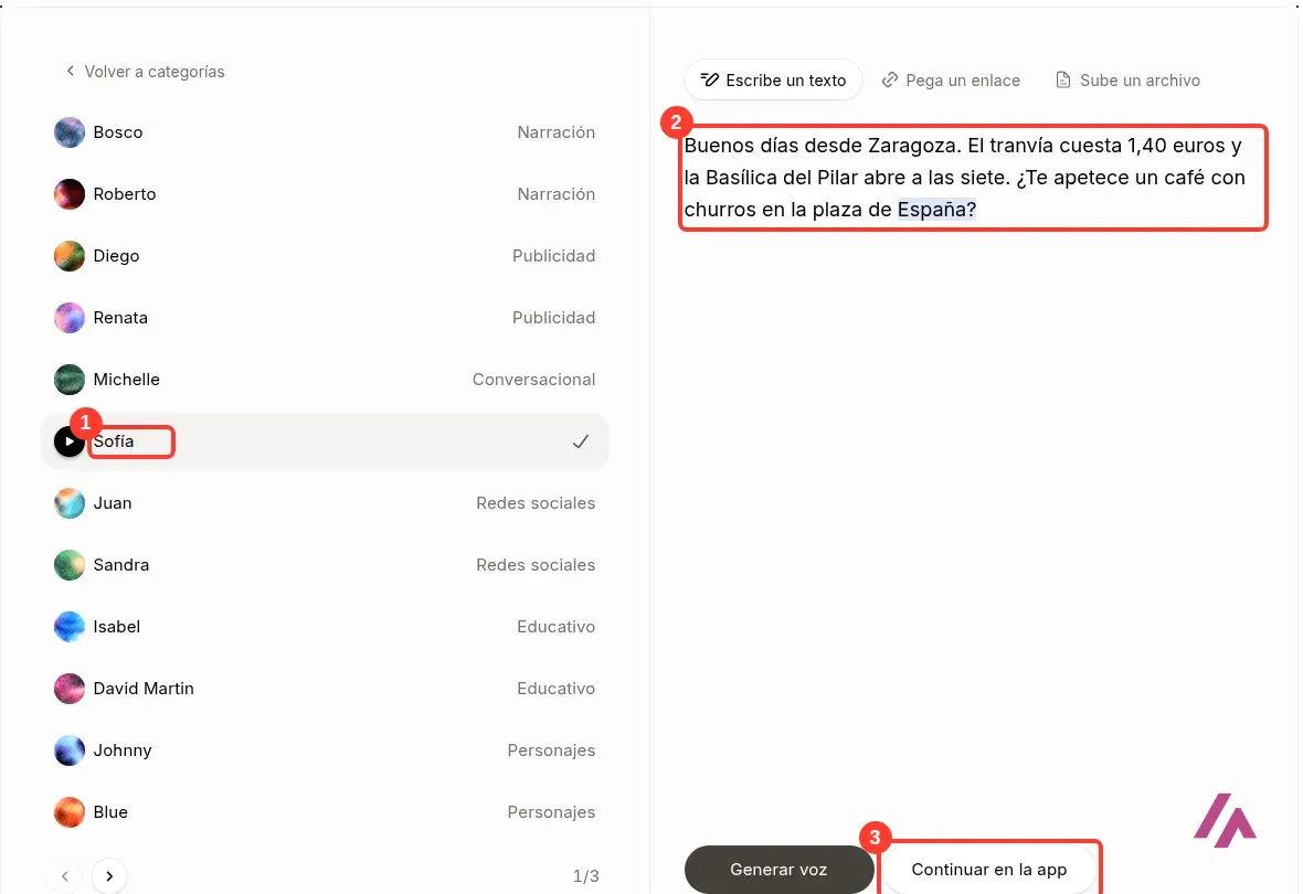 Demo de texto a voz de ElevenLabs sin cuenta con la voz Sofía elegida en la lista de voces en español, un texto sobre Zaragoza escrito en la caja y el botón Continuar en la app recuadrados