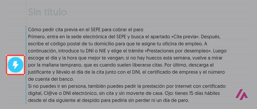 Texto en español sobre cómo pedir cita previa en el SEPE pegado en Napkin AI, con el botón del rayo para generar visuales recuadrado