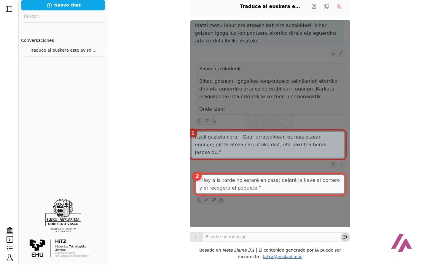Chat de Latxa con una frase en euskera para traducir y la traducción al castellano que empieza por Hoy a la tarde