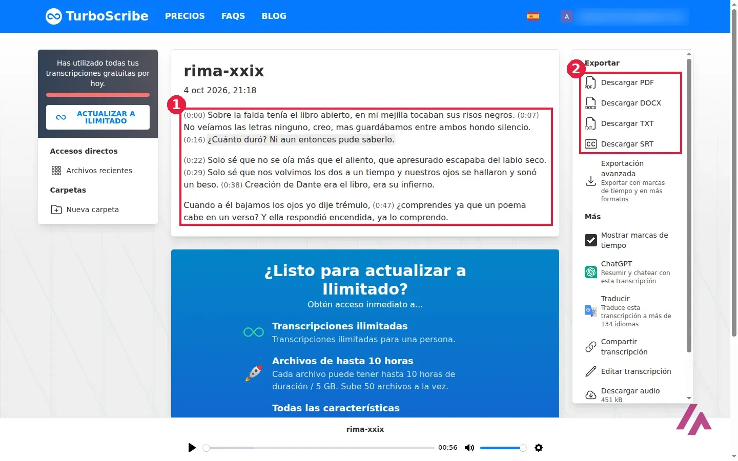 Resultado de TurboScribe con el modo Ballena: el texto de la Rima XXIX de Bécquer con marcas de tiempo, y los botones para descargar en PDF, DOCX, TXT y SRT recuadrados