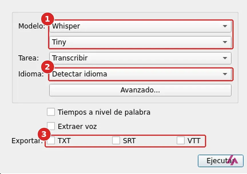 Ventana de opciones de Buzz en español con recuadrados el motor Whisper y el tamaño Tiny, el idioma en Detectar idioma y las casillas de exportación TXT, SRT y VTT