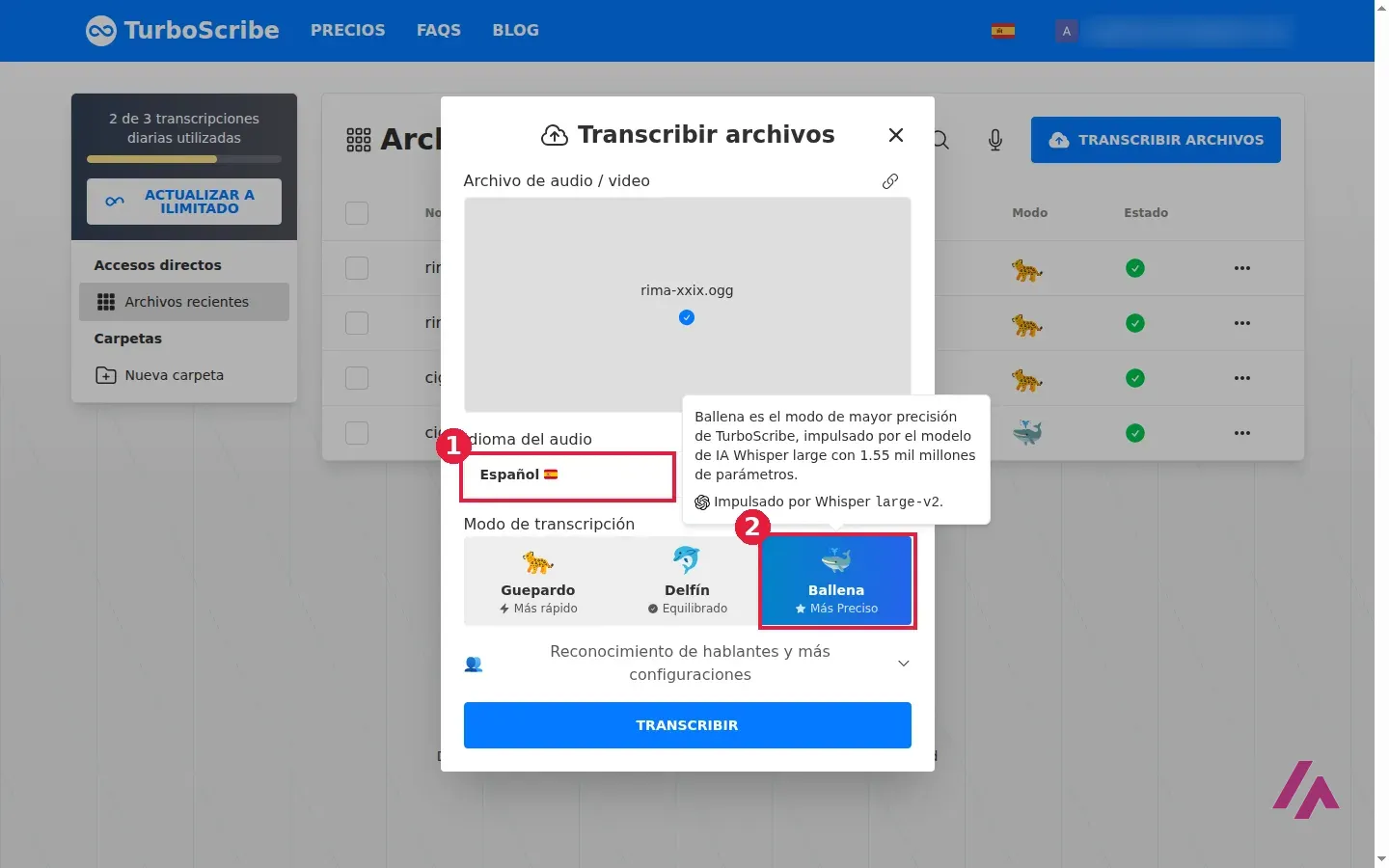 Ventana Transcribir archivos de TurboScribe en español con el poema subido, recuadrados el idioma del audio en Español y el modo Ballena, con su explicación de Whisper large-v2