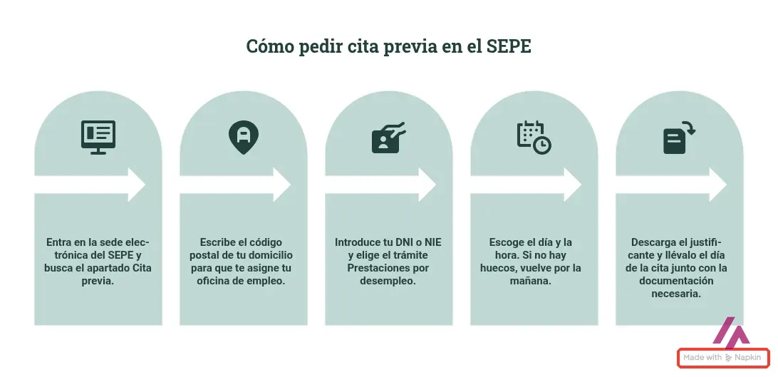 Imagen PNG exportada desde Napkin AI con los cinco pasos para pedir cita previa en el SEPE y la marca Made with Napkin recuadrada abajo a la derecha