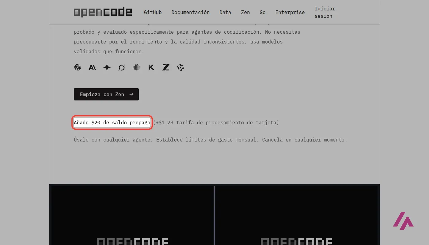 Página de OpenCode Zen en español con la frase Añade 20 dólares de saldo prepago recuadrada