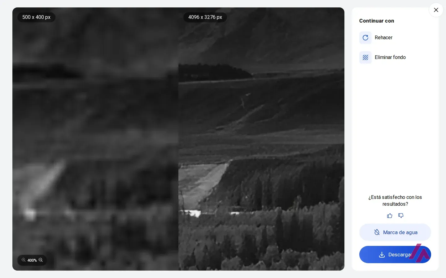 Visor de Artguru ampliado al 400 por ciento: a la izquierda la foto original de 500 x 400 px convertida en un borrón gris, a la derecha la mejorada de 4096 x 3276 px con los árboles y la ladera definidos