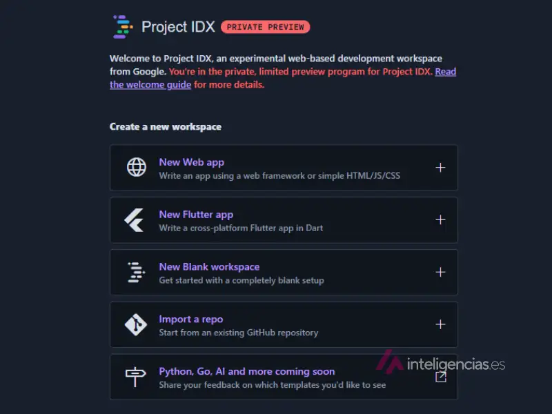 Pantalla de bienvenida de Google IDX