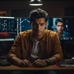 Hombre joven mirando a camara que ha preparado un deepfake de sí mismo y se ve en la pantalla que tiene detrás.