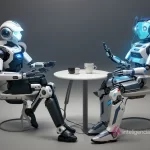 Dos robots hablando mientras toman café.
