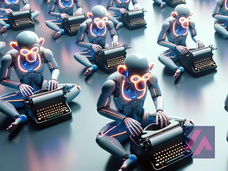 Monos robóticos escribiendo en máquinas de escribir antiguas.