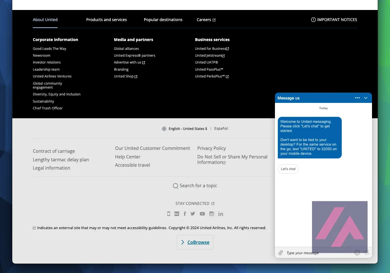 ChatBot de United Airlines soportado por inteligencia artificial.
