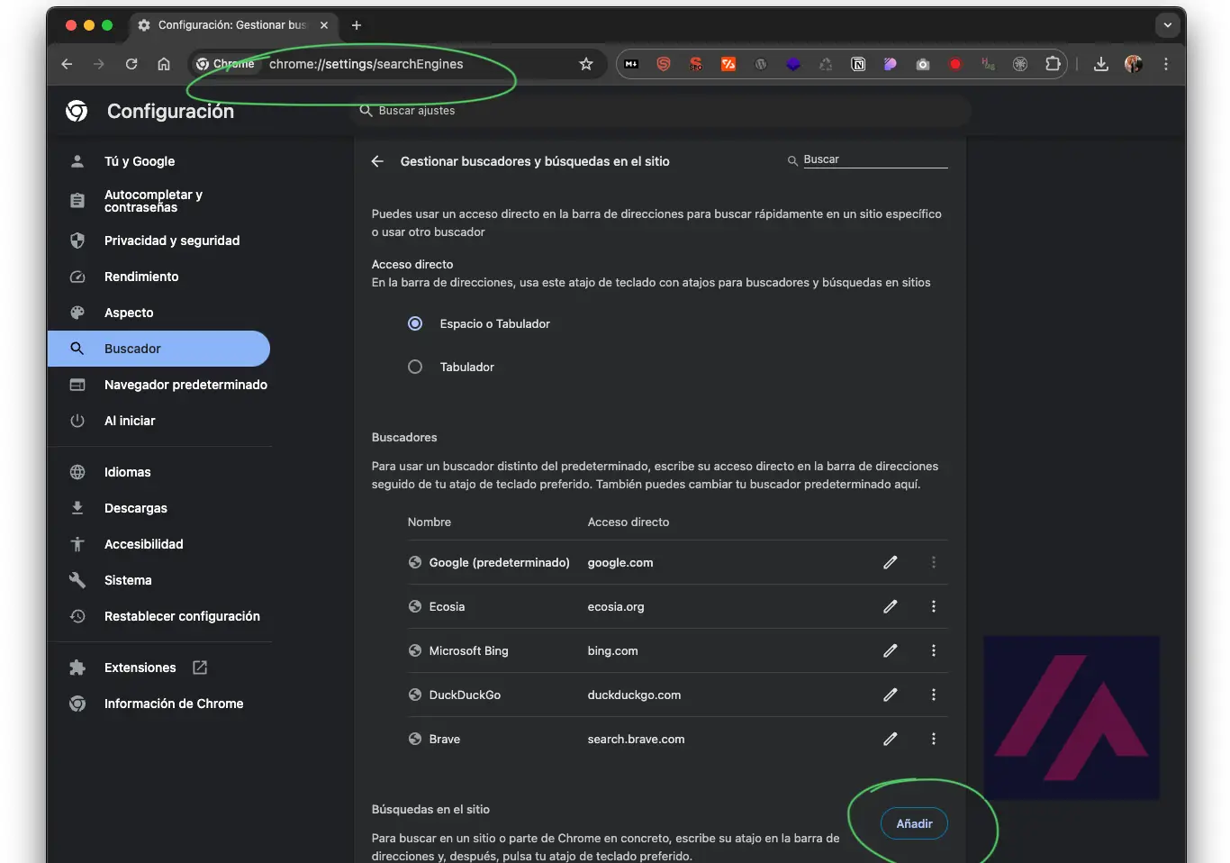 Pantalla de configuración de Chrome para ajustar el buscador predeterminado sin SGE.