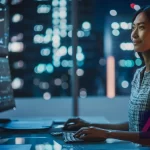 Mujer analista financiera trabajando de noche.