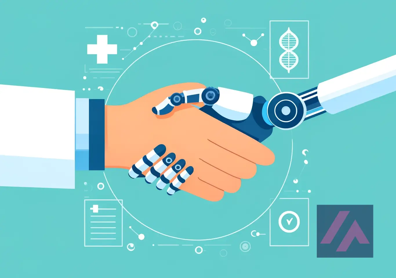 Una imagen amplia y minimalista de una mano humana y un brazo robótico estrechándose, simbolizando la colaboración entre médicos y IA, con un fondo azul claro y elementos gráficos simples de escaneos médicos.