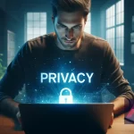 Usuario con un ordenador preocupado por la privacidad.