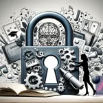 Imagen conceptual con diseño plano que simboliza a un autor asegurando sus obras creativas, destacando la acción de protección y control sobre el contenido personal.