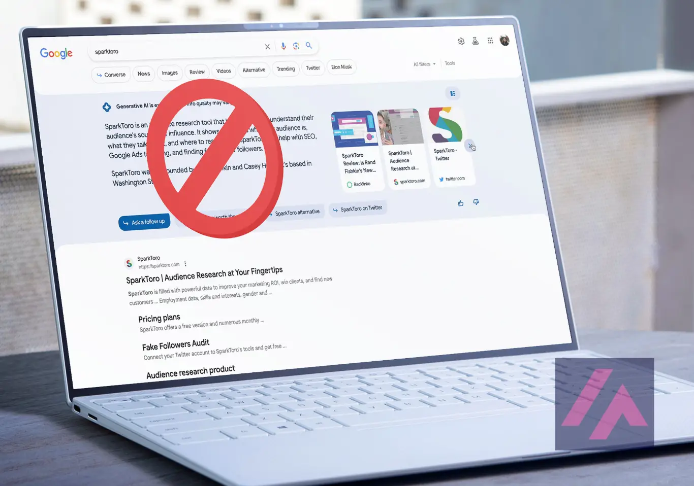 Portátil con la web de Google con SGE y un símbolo de prohibido encima.