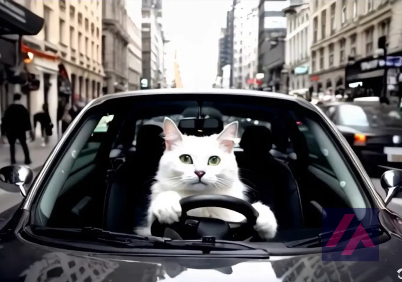 Gato conduciendo un coche. Video producido por Kling AI.